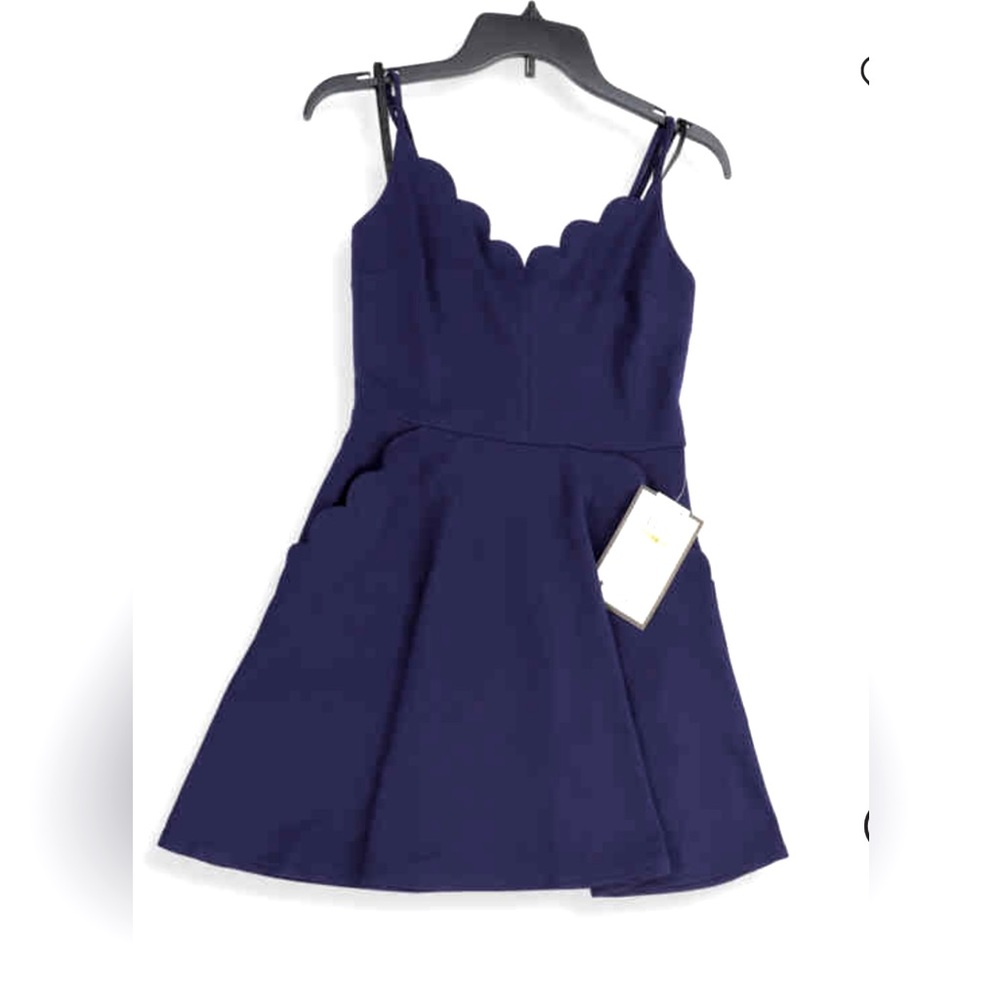 Navy Scalloped V-Neck Mini Party Fit + Flair Dress
